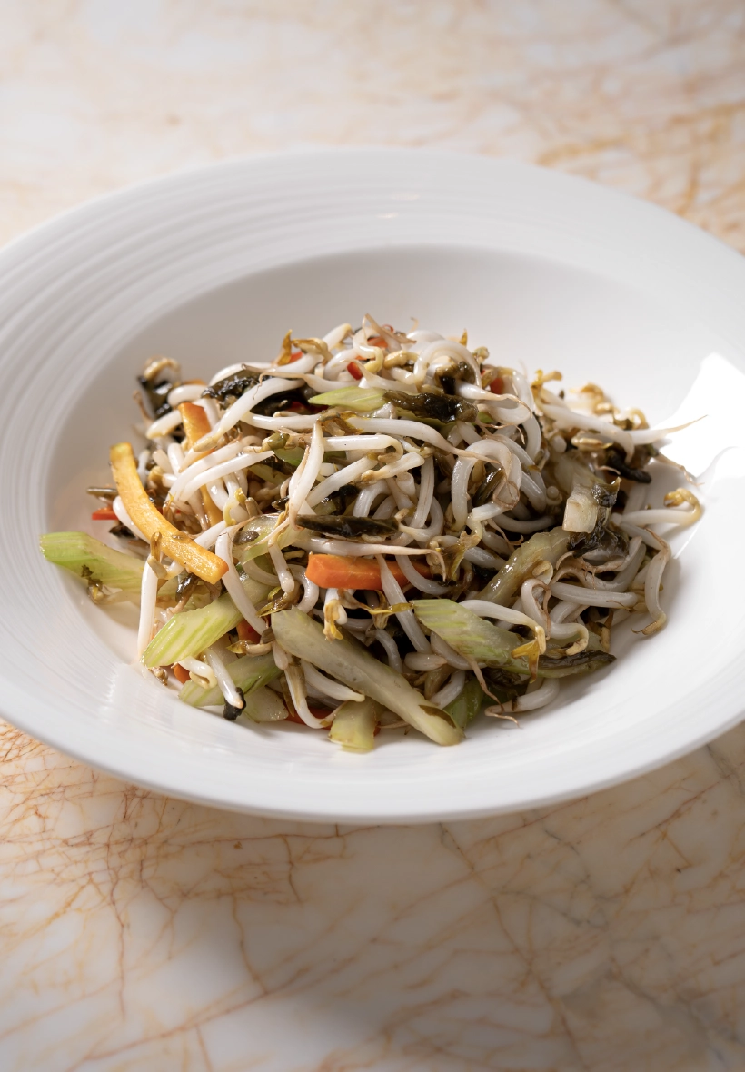 Wok-fried Bean Sprouts with Celery & Preserved Xue Cai